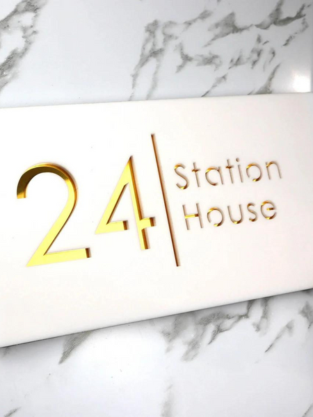 Door Name Plate - White & Gold Mirror Floating House Sign