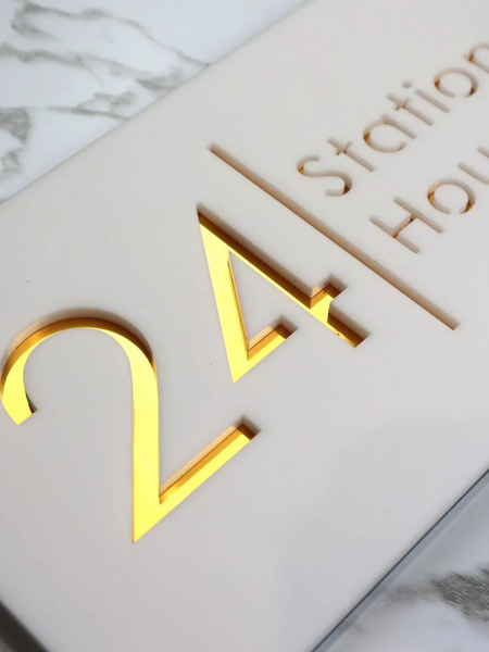 Door Name Plate - White & Gold Mirror Floating House Sign